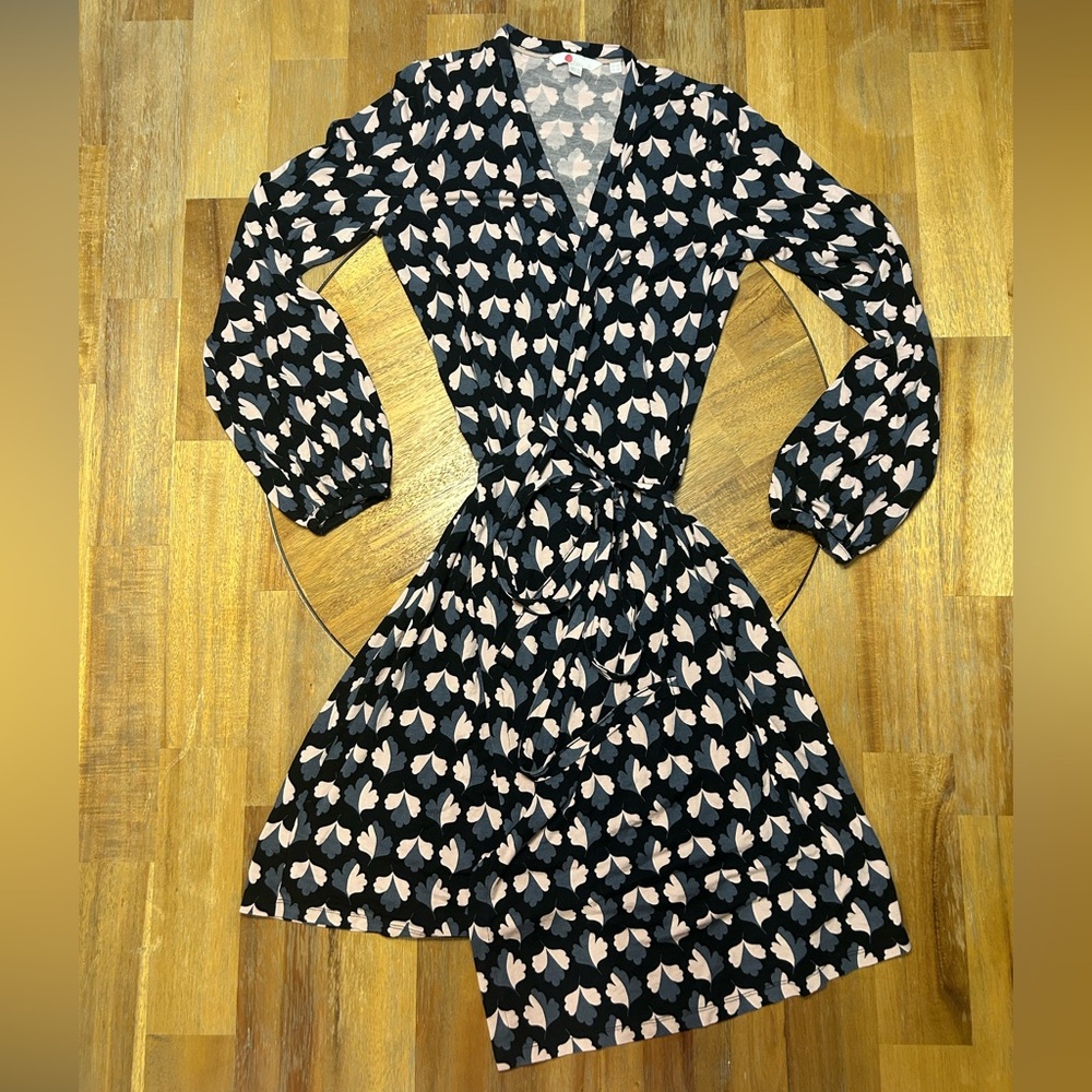 Boden Black and Pink Leaf Pattern Wrap Dress